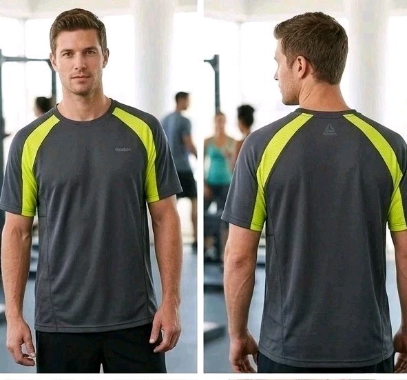 Reebok Men's Medium Hydromove Performance T-Shirt Gray Neon Yellow Athletic Gym gallery