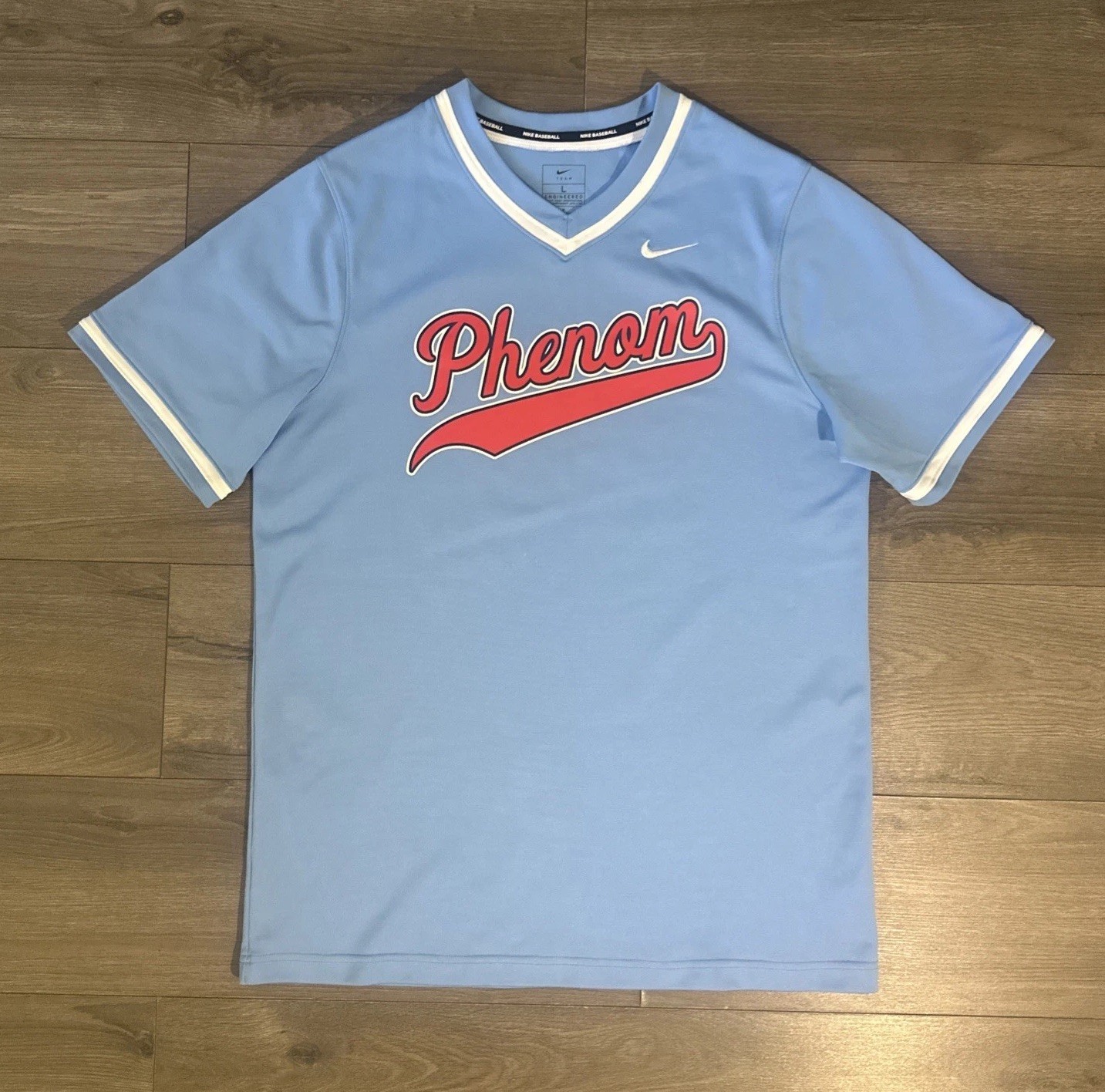 Nike Team “Phenom 23” Graphic Print Baseball Jersey Mens L Large Baby Blue gallery