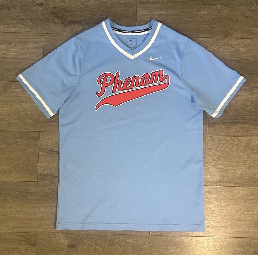 Nike Team “Phenom 23” Graphic Print Baseball Jersey Mens L Large Baby Blue