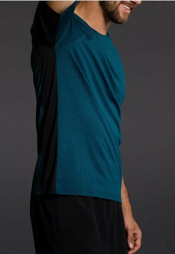 Onzie Hot Yoga Mens Raglan Short Sleeve top Fiji Black/Teal Size L/XL gallery