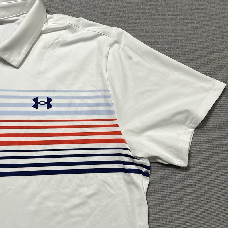 Under Armor Golf Polo Red White Blue Striped Men's 2XL Shirt UPF 40 Sun Protect gallery