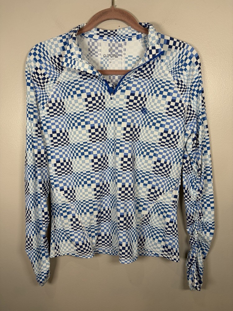 G/FORE Sun Shield Silky Tech Quarter Zip Women's Size Medium Blue Geometric logo