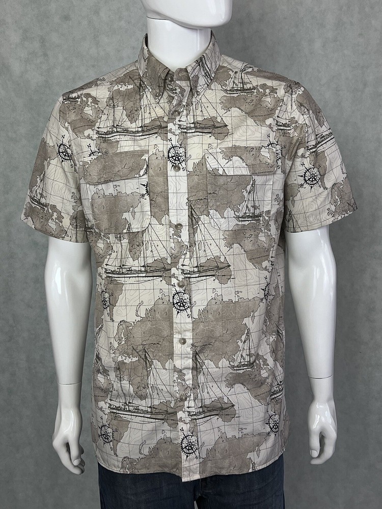 Chaps Ralph Lauren Beige World Map Vented Mesh Short Sleeve Fishing Shirt MEDIUM