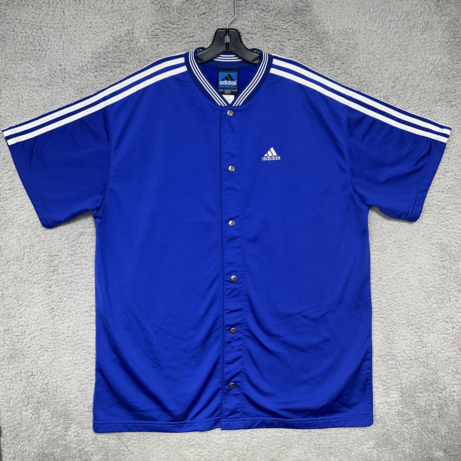 VTG adidas Basketball Warm Up Jersey Men XL Blue Side Stripes V Neck Snap Button gallery