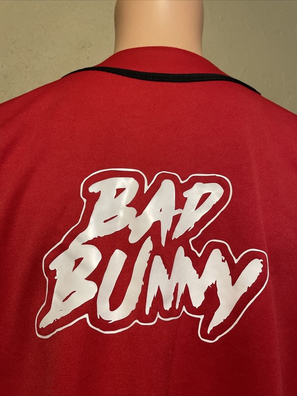 Bad Bunny Musician Red & White Button Up Jersey Size Large Men’s gallery