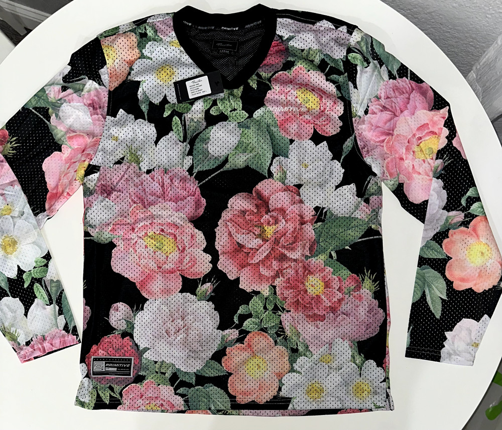 New Primitive Mens Eden Jersey, Size L, Black Floral Design