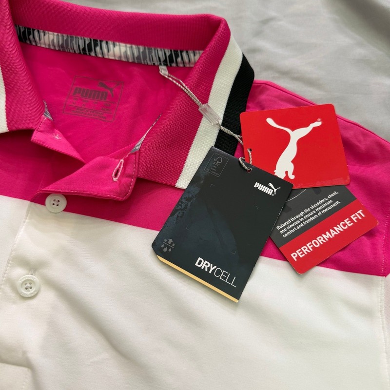 Puma Golf Performance Polo Shirt Medium Pink White Black Colorblock DryCELL NWT gallery