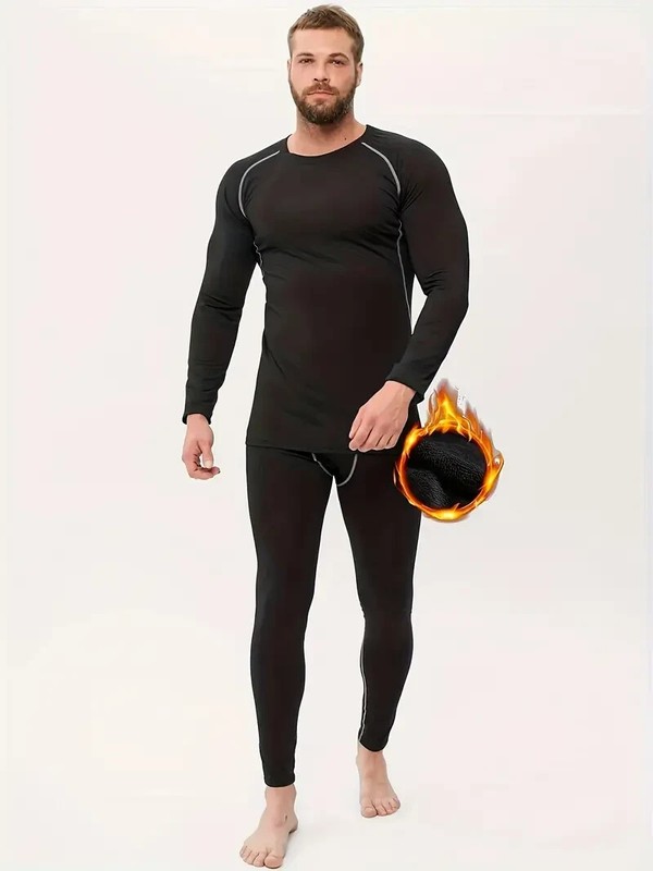 Men's Fleece-Lined Thermal Compression Sports Set - Long Sleeve Crew Neck Size L gallery