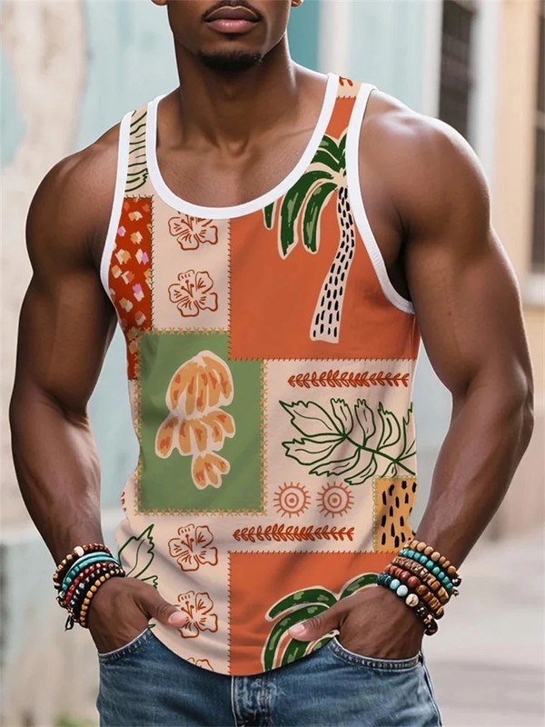 Summer Casual Beach Tank Tops For Men Fashion Sailboat Coconut Tree 3D Printed V gallery