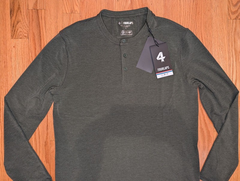 FourLaps Radius Long Sleeve Henley Shirt Thyme Heather Green Men's Small NWT gallery