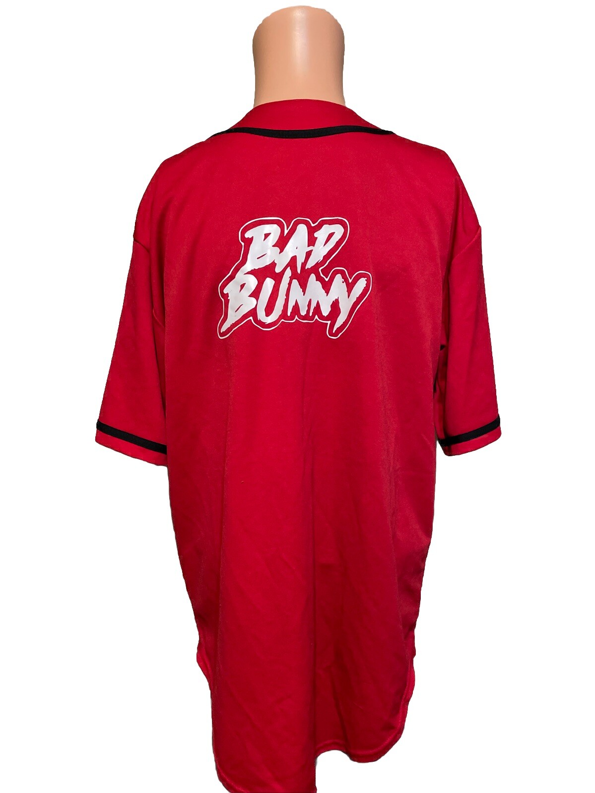 Bad Bunny Musician Red & White Button Up Jersey Size Large Men’s gallery