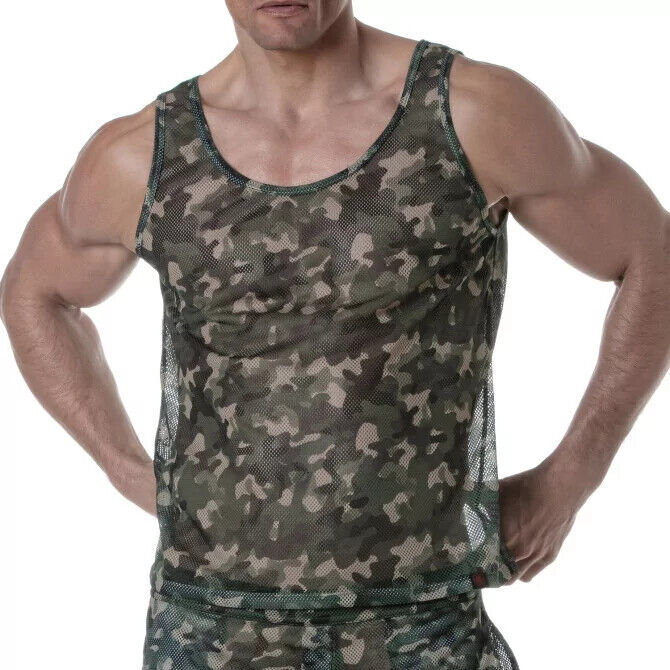 TOF PARIS Camo See Through Sheer Mesh Tank Top Khaki 17 gallery