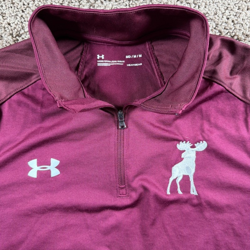 Under Armour loose 1/4 Zip Pullover Moose Logo Athletic Shirt Mens Medium Maroon gallery