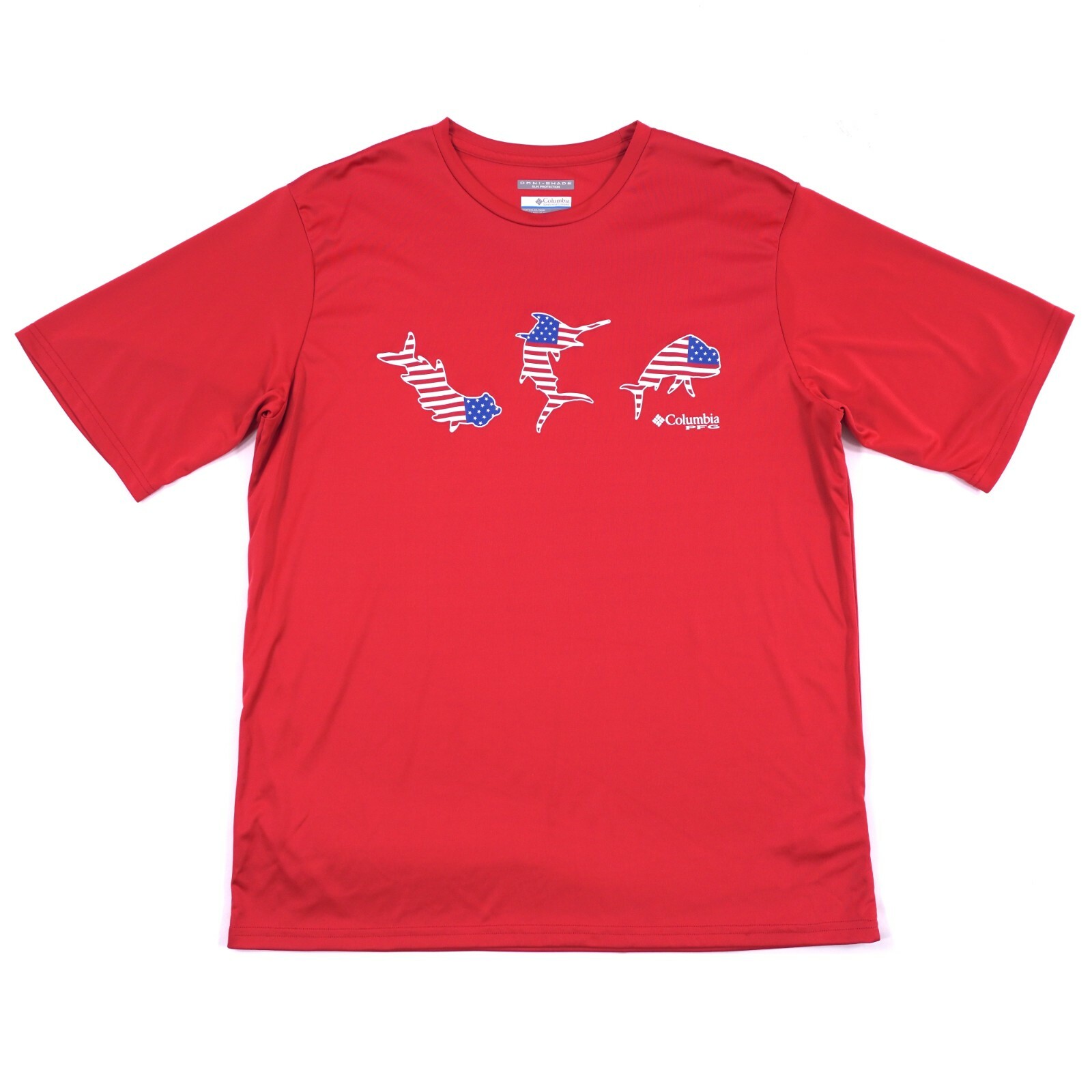 Columbia PFG Mens Large American Flag Fish Short Sleeve Base Layer T Shirt EUC gallery