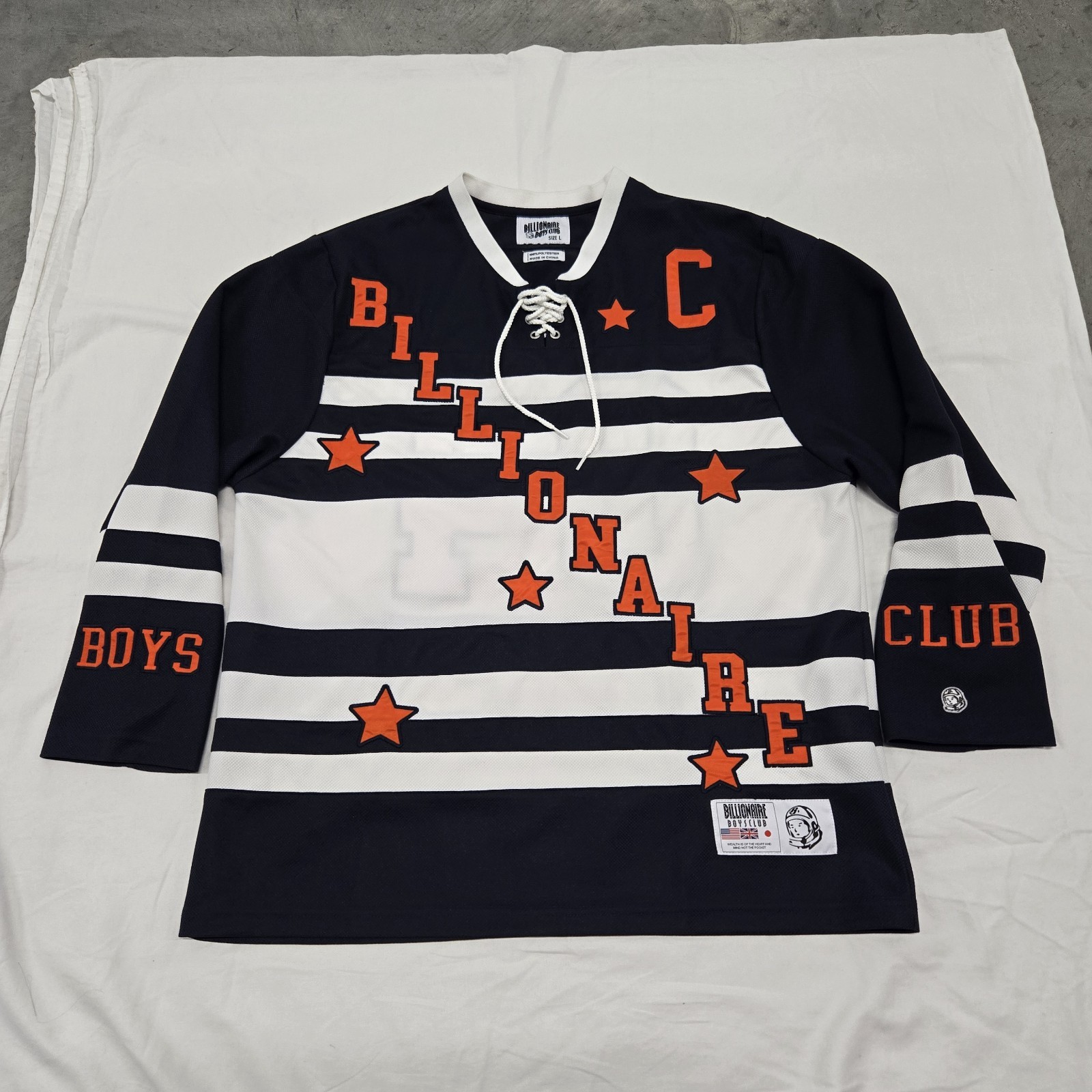 Sz LARGE Billionaire Boys Club Big Buck Hockey Jersey Navy White Orange Pullover gallery