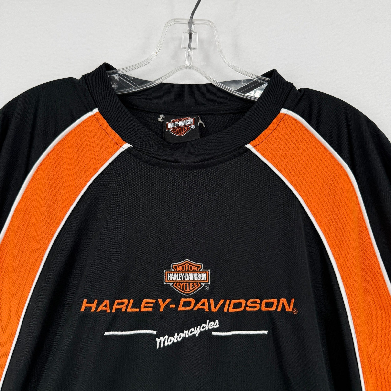 Harley-Davidson Y2K Performance Shirt Mens XL Black Orange Jersey Embroidered gallery