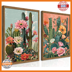 Framed Mexican Cactus Canvas Wall Art Set of 2, Vintage Desert Floral Wall Decor