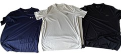 3 Under Armour Men’s Medium Loose Fit V-Neck Short Sleeve Logo Tees Navy Black