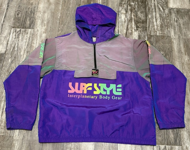 Vintage SURF STYLE 90s Pullover Windbreaker Jacket Iridescent Purple One Size gallery