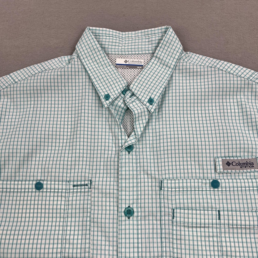Columbia PFG Omni-Shade Shirt Mens M Green Check Short Sleeve Button Fishing