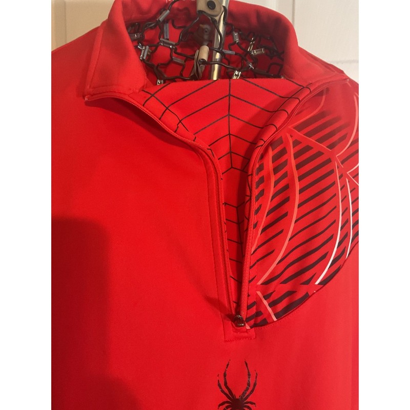 Spyder Mens Large Red Quarter Zip Pullover Spiderweb Graphic Mock Neck Shirt gallery
