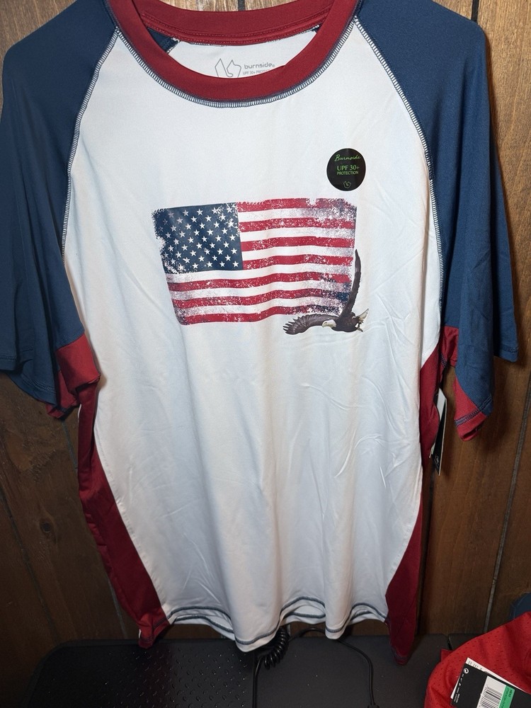 NEW NWT Burnside SS American Flag Patriotic Shirt Men’s XL UPF 30% Protection