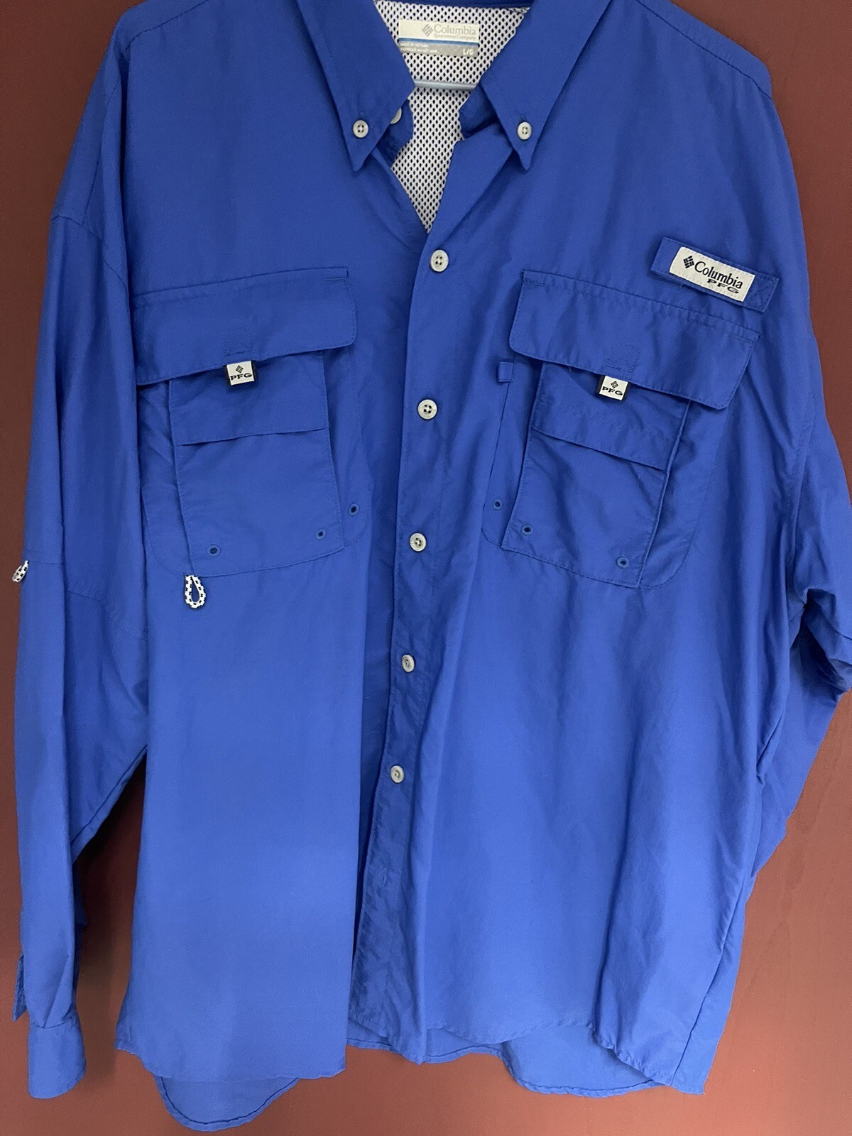 COLUMBIA PFG Men L Bahama Long Sleeve Fishing Shirt Omni-Shade Blue Button Up gallery