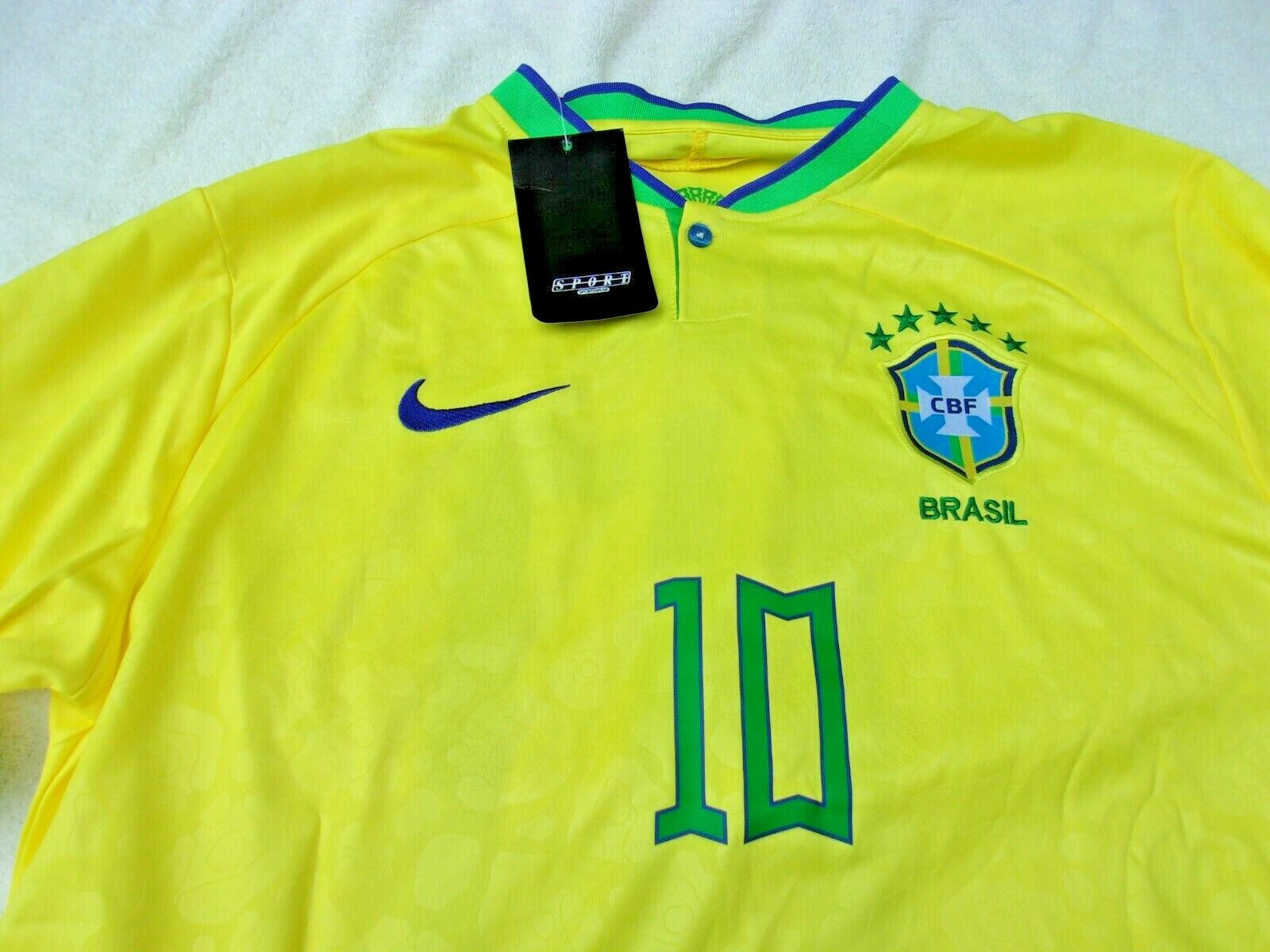 NWT Nike dri fit single button T, men's L, yellow, poly., #10, Pele, Brazil, CBF gallery