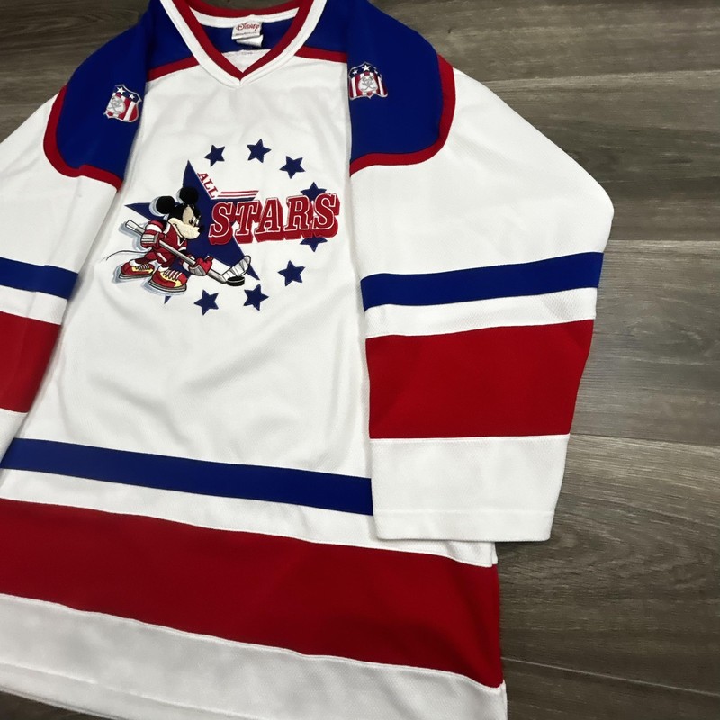 Vintage Disney Hockey Jersey Mens Large White Mickey Mouse All Stars Red 90s USA gallery