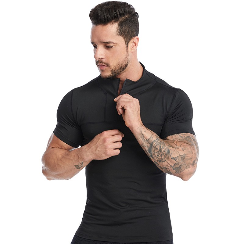 Men's Summer Zipper Stand Up Collar Tight Fitting Running Short Sleeved T-shirt gallery