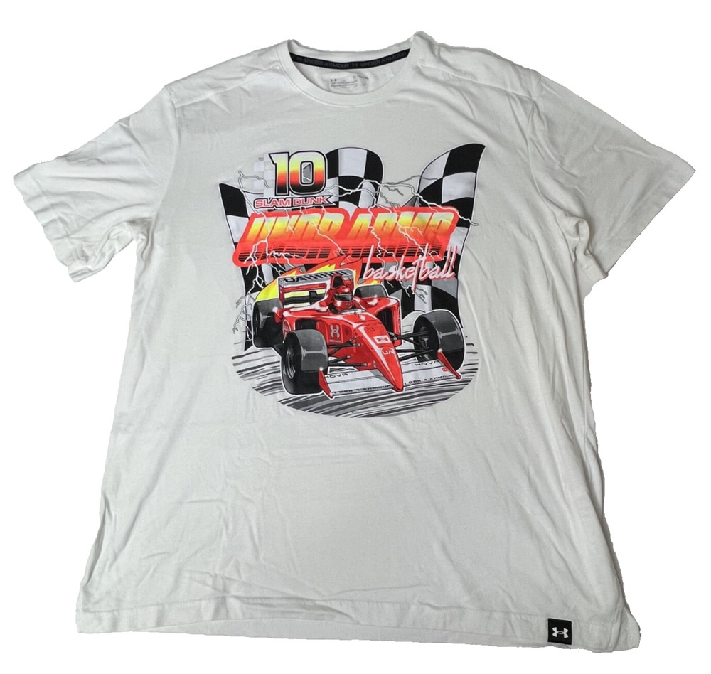Under Armour Men's T-Shirt Short Sleeve White Race Car Logo Graphic Size XL