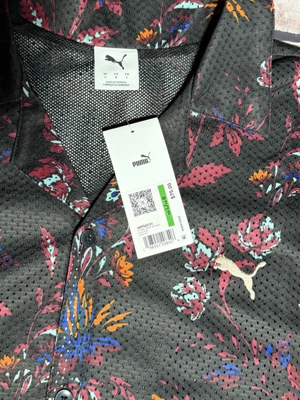 PUMA Sport Floral Button Up Shirt Men Lg Casual Short Sleeve Collared Top NWT gallery