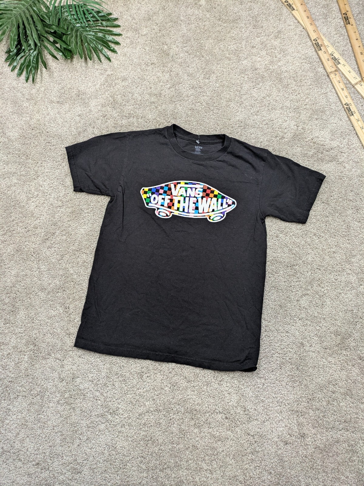 Vans Off the Wall Shirt Mens S Small Rainbow Black Crew Cotton Skate Skateboard gallery