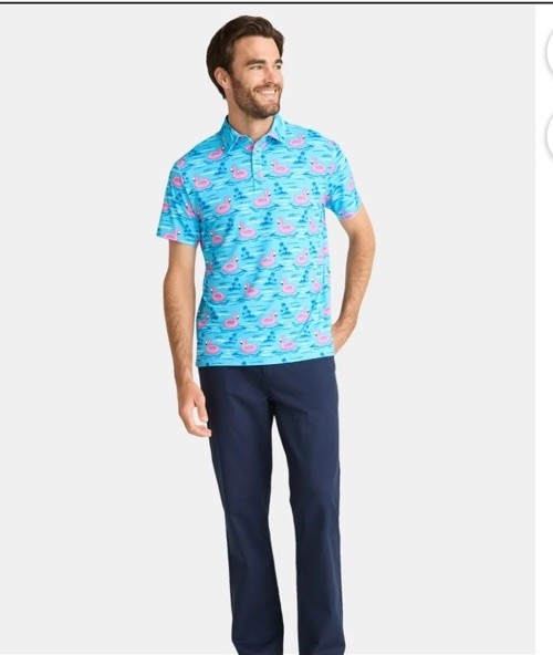 Birdie Bound Men’s Performance Flamingo Print Golf Polo Shirt Size M Blue/ Pink gallery