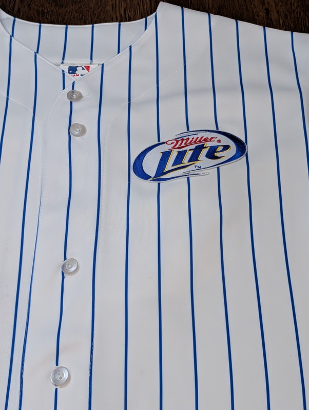 Vintage 90s Majestic Miller Lite Baseball Jersey Shirt Mens M White Pinstripes gallery