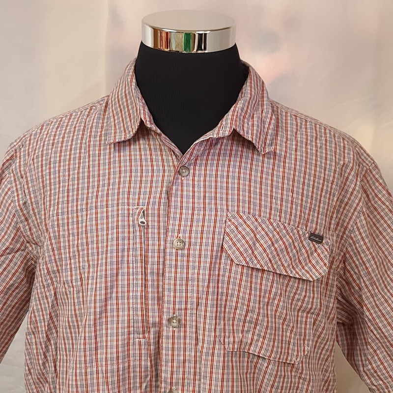 Eddie Bauer Travex Mens Tall XL Red Stripe Plaid Short Sleeve Hike Fish Shirt gallery