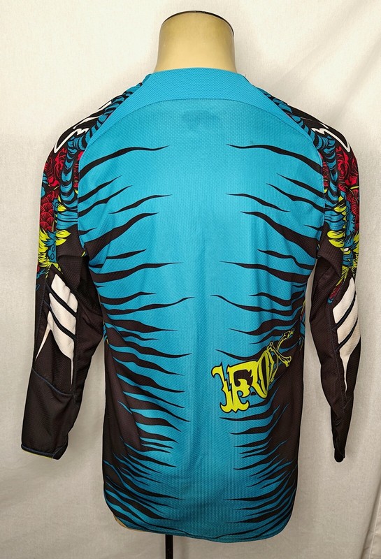 Vtg Y2K Fox Racing tattoo skulls AOP all over print motocross jersey shirt Small gallery
