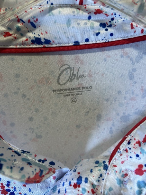 Obla Performance Golf Polo XL Red White Blue Splatter Print Quick Dry Stretch gallery