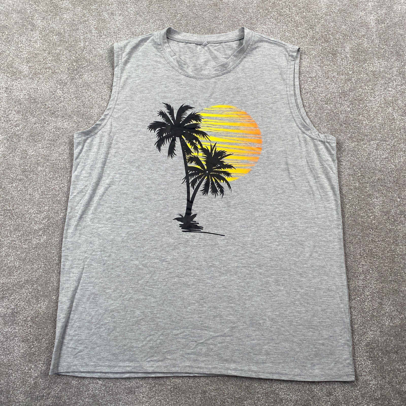 Casual Round Neck Hawaiian Palm Tree Beach Tank Top Sleeveless Size L Gray gallery
