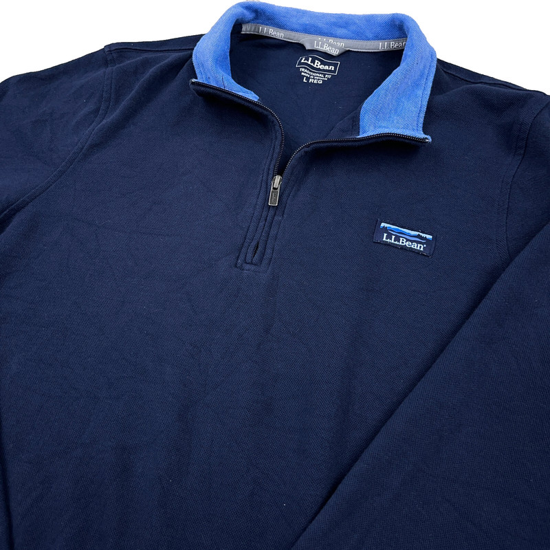 LL Bean Sweater Men Large Pullover Navy Blue Quarter Zip Mesh Knit Rugby Unlined gallery