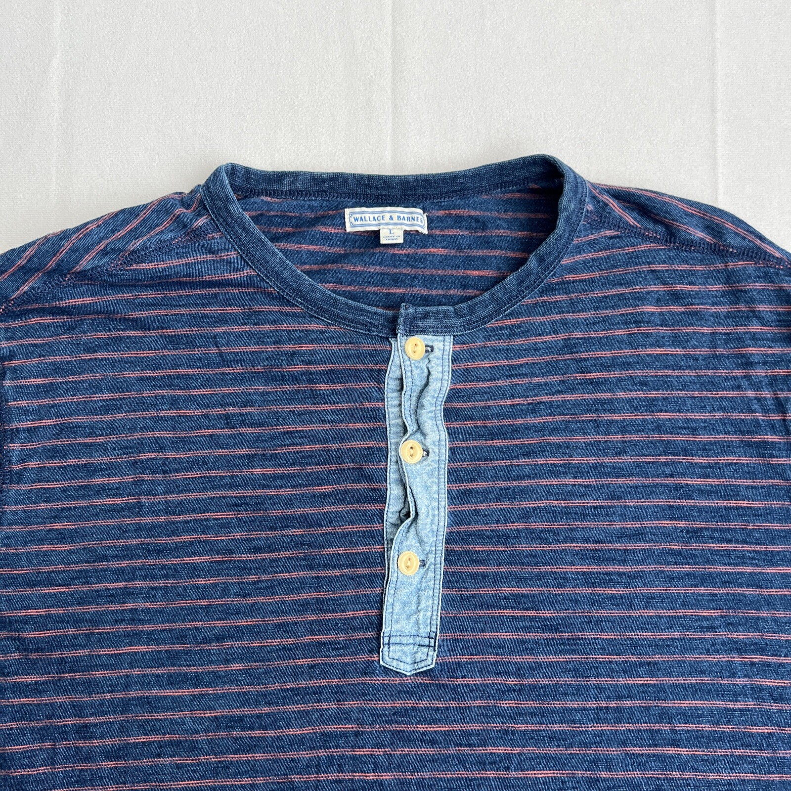 Wallace and Barnes Henley Shirt Men's Size Large Blue Striped Long Sleeve Casual gallery