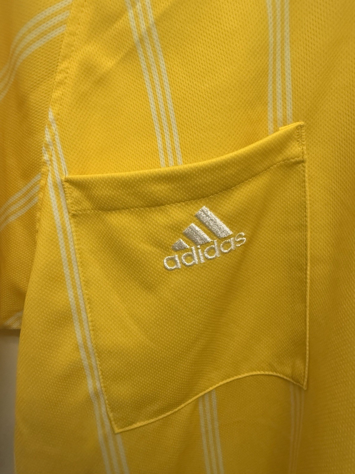 Adidas Referee Shirt Mens XL Yellow Striped Two Pocket Soccer V Neck Polo Collar gallery