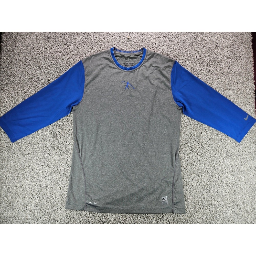 Nike Pro Combat Dri-FIT Fitted Baseball 3/4 Sleeve Shirt Gray Blue Mens L