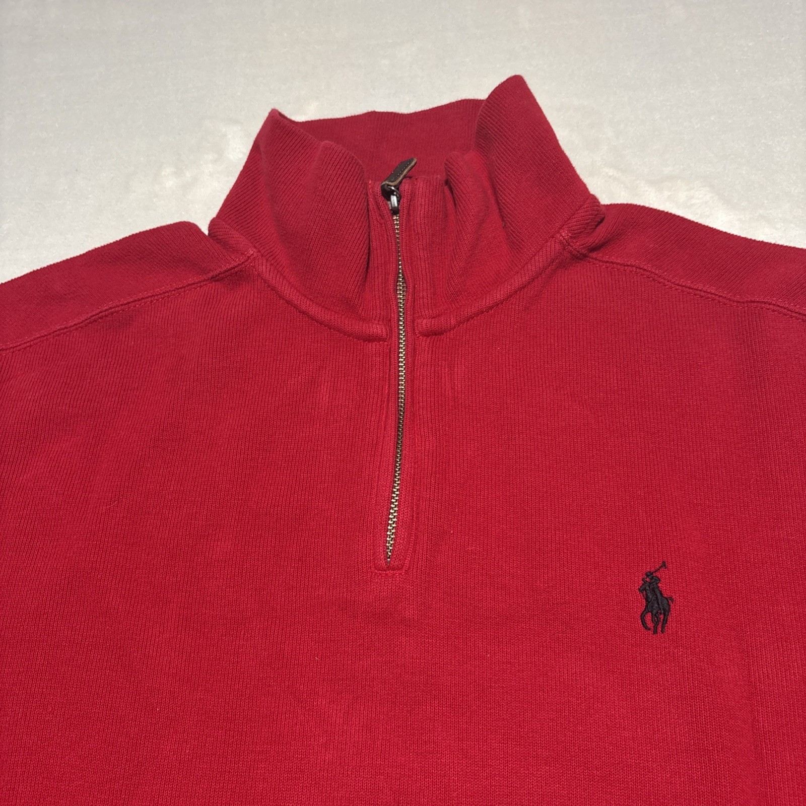 Polo Ralph Lauren Estate Rib Red Sweater Men's Large 1/4 Zip Pullover Navy Pony gallery