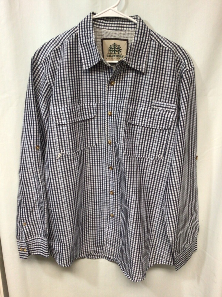 Tallwoods Blue Plaid Large Long Sleeve Cotton Blend Activewear Fishing Shirt B1