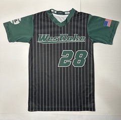 Champro Youth Medium Baseball Jersey Westlake #28 Freiman Black Green Pinstripe