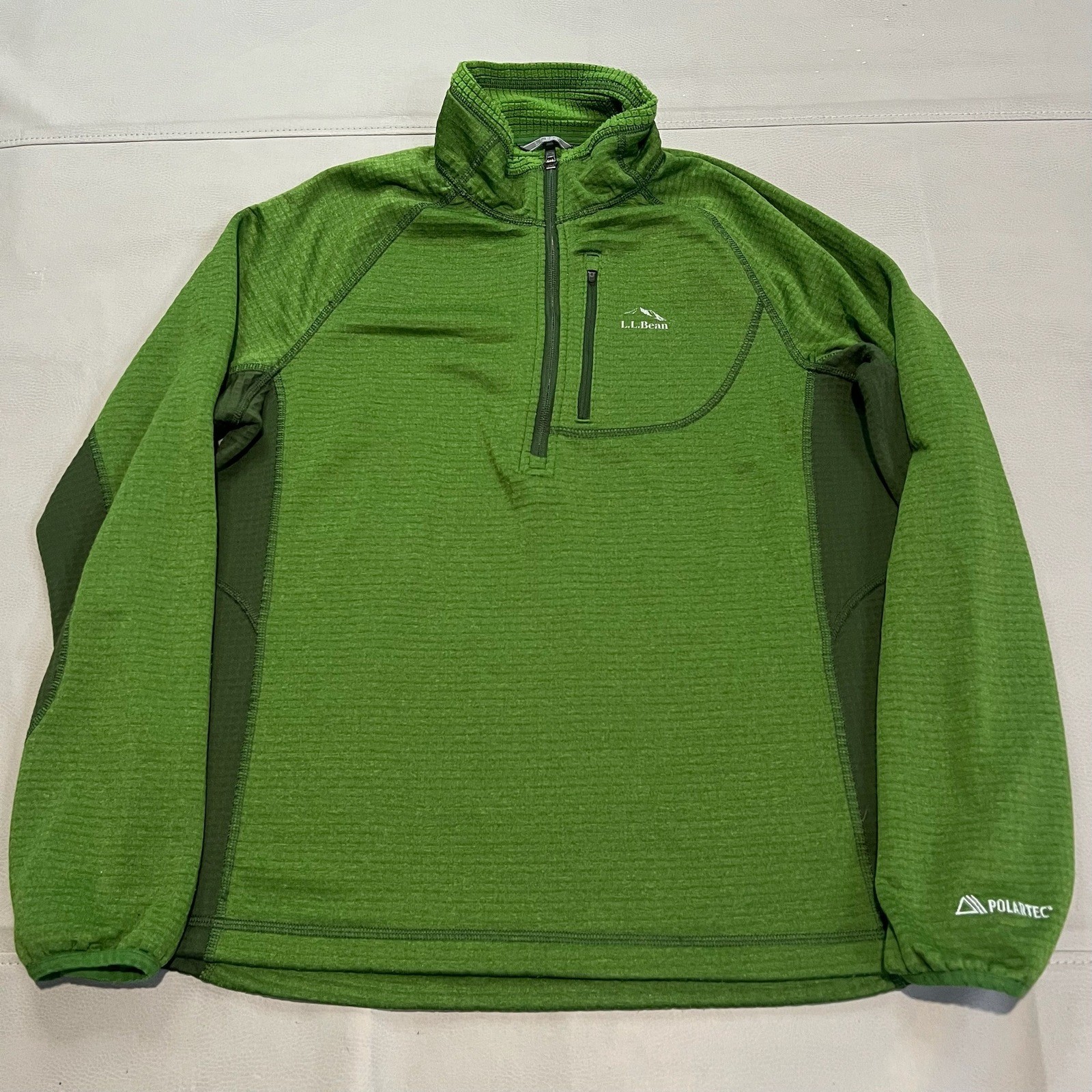 LL Bean Men M Green Micro Grid Fleece Hoodie Quarter 1/4 Zip Hike Trek Sweater- gallery