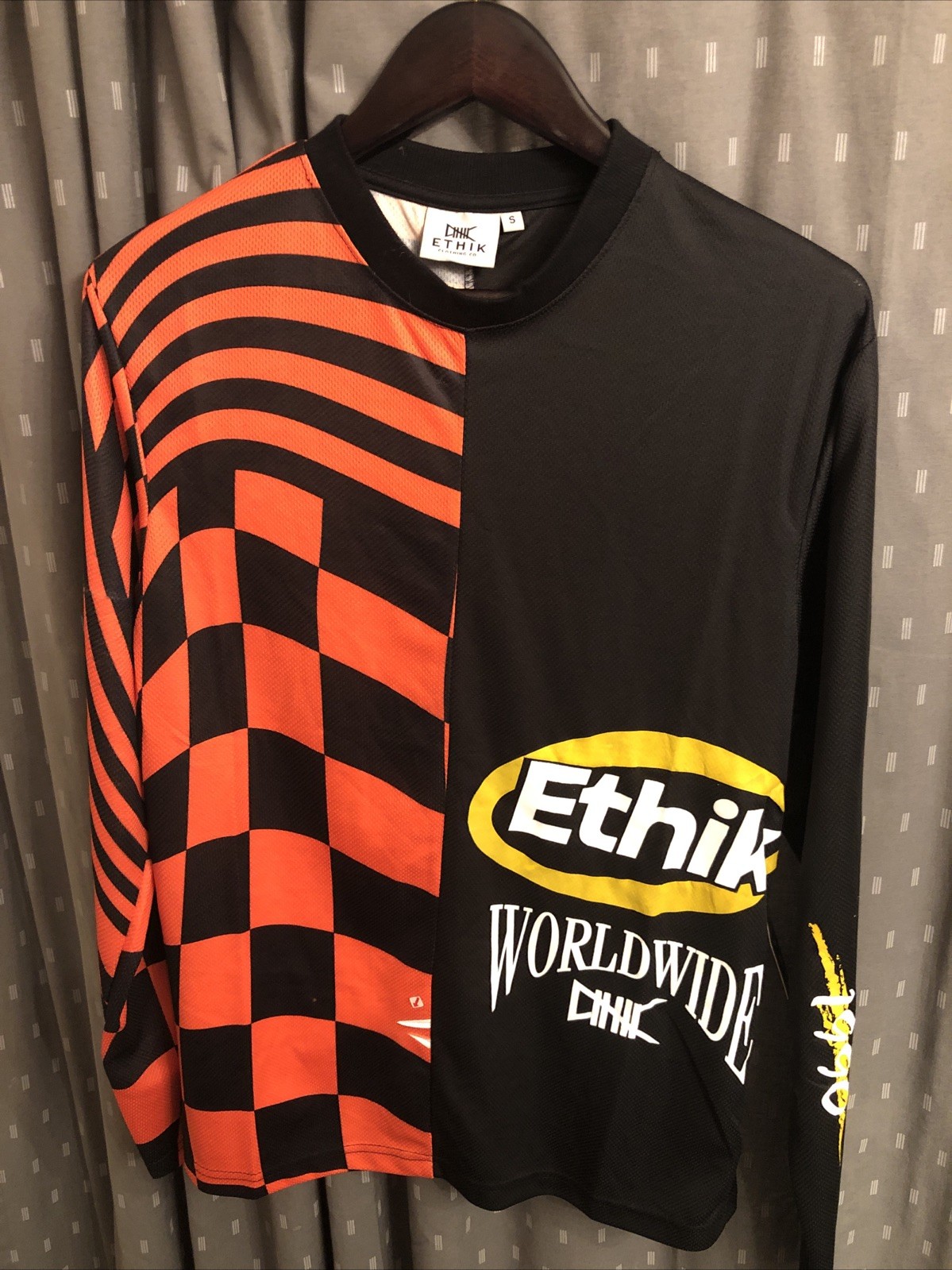 Ethik Graphic LS Racing Jersey Split Design Orange Check/Black. NWT Mens Small gallery
