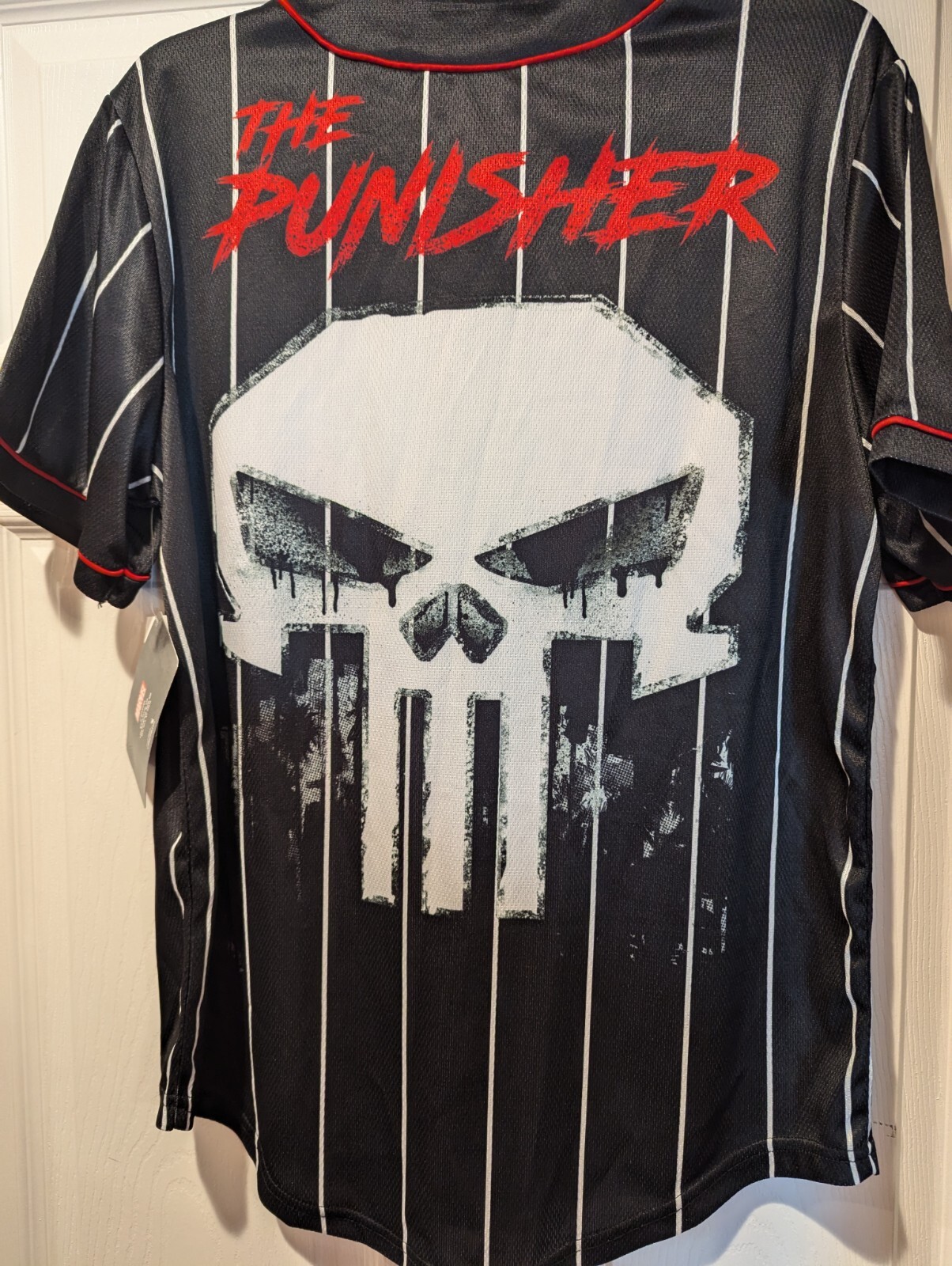 Marvel Punisher Mens S Logo Pinstripe Baseball Style Jersey Button Up NEW! gallery