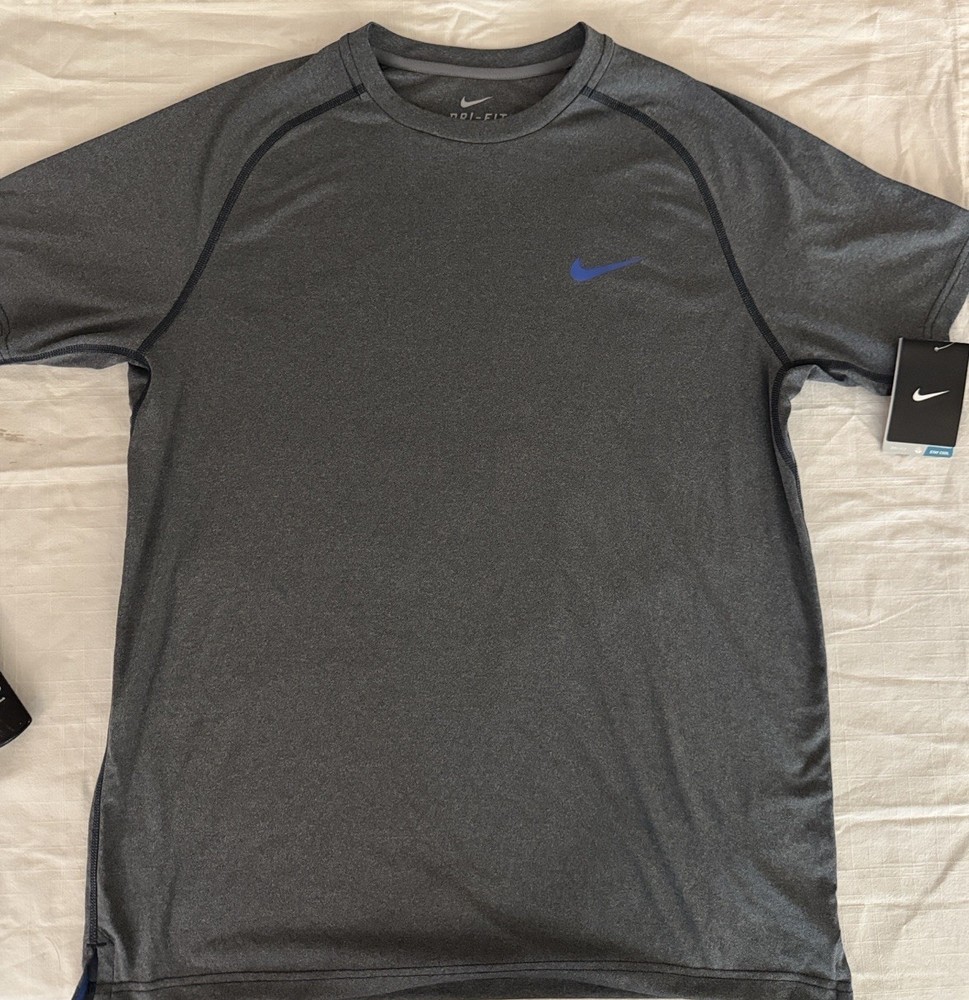 NWT Nike Gray Performance Tee with Blue Swoosh Large